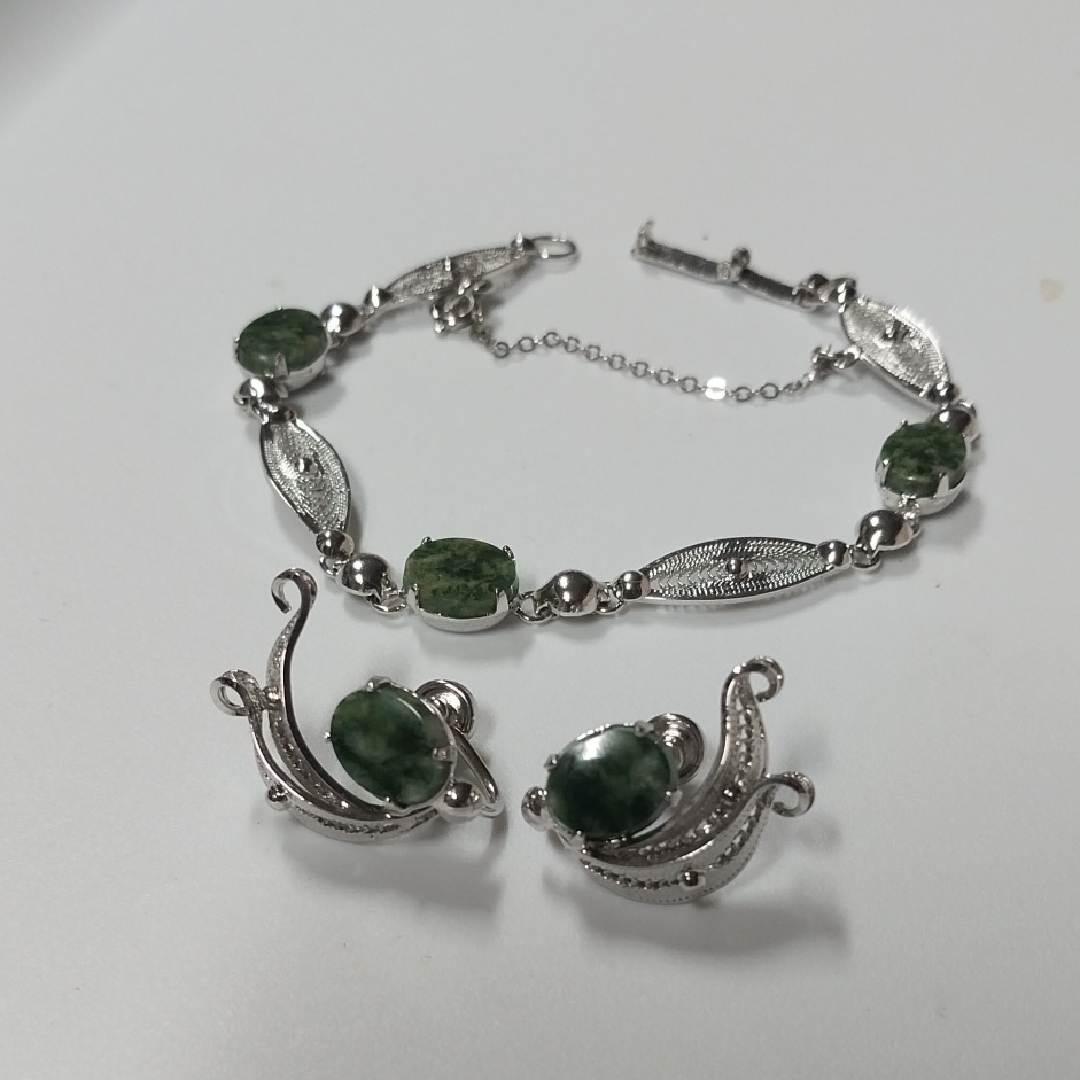 Vintage Sorrento Sterling Elegant Moss Agate Earring And Bracelet Set